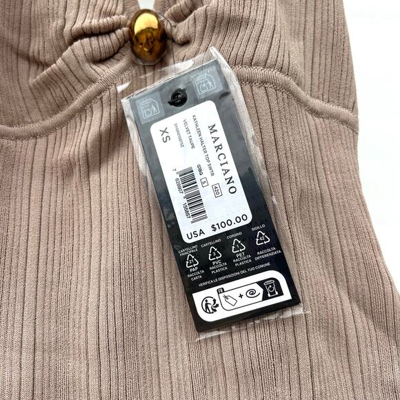 New Marciano By Guess Kathleen Halter Top Ribbed Blouse Taupe Tan XS Extra Small - Picture 6 of 7